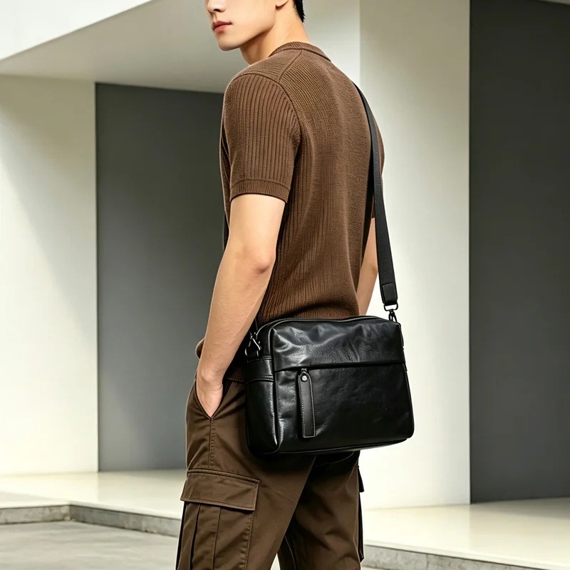 Leather Work Bag Mens - Sac à bandoulière noir pour homme