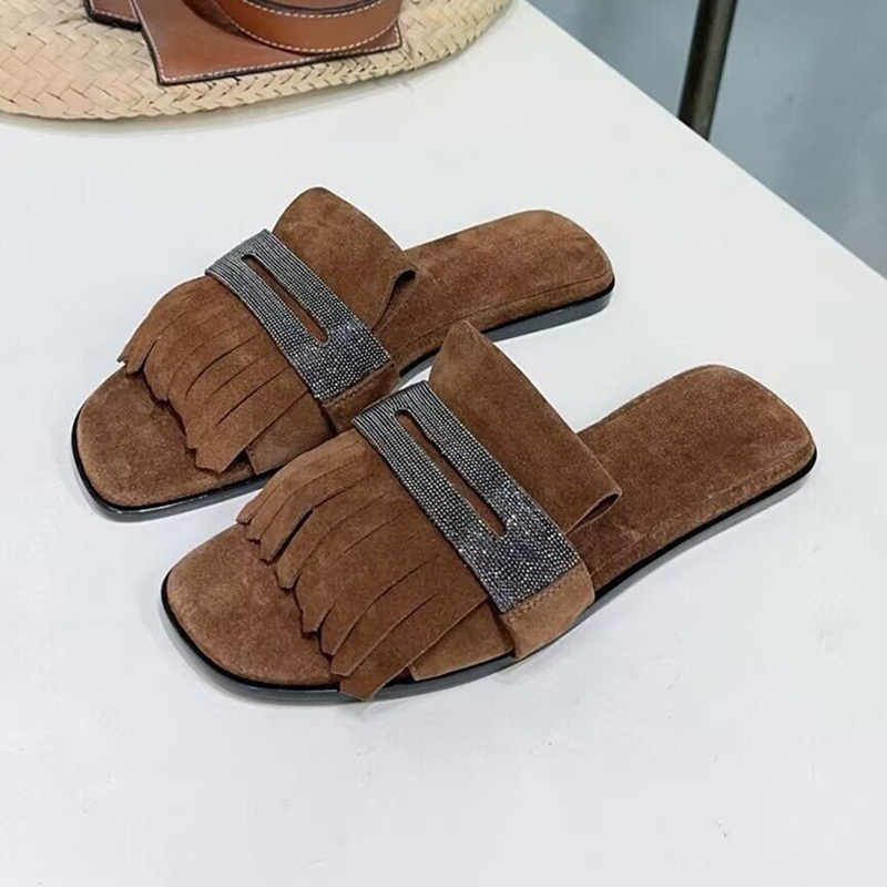Leather Work Flats - Chaîne en métal perle décor enfant